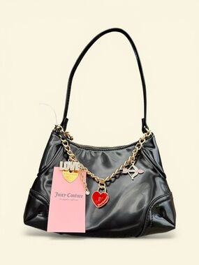 NWT Juicy Couture Black Patent Shoulder Bag with Gold Charm Chain and Red Heart